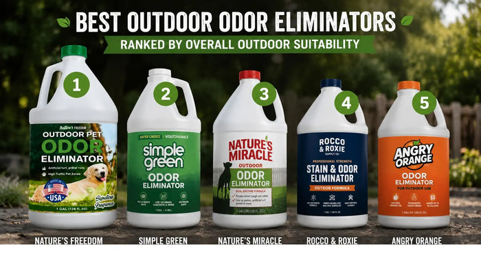 Best outdoor pet odor remover comparison: Nature's Freedom Simple Green Nature's Miracle Rocco Roxie Angry Orange