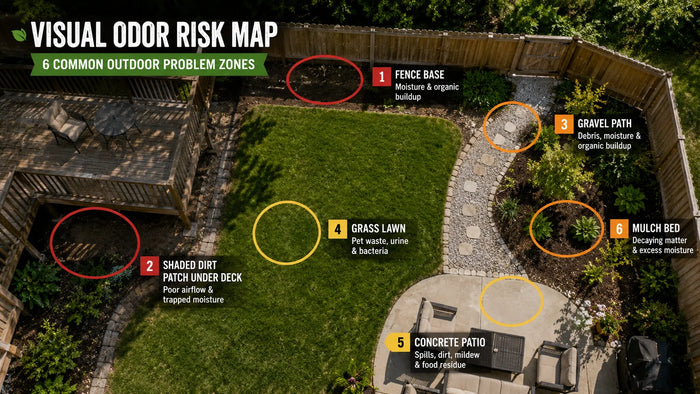 How to get rid of dog urine smell in backyard: problem zones map fence gravel shade grass