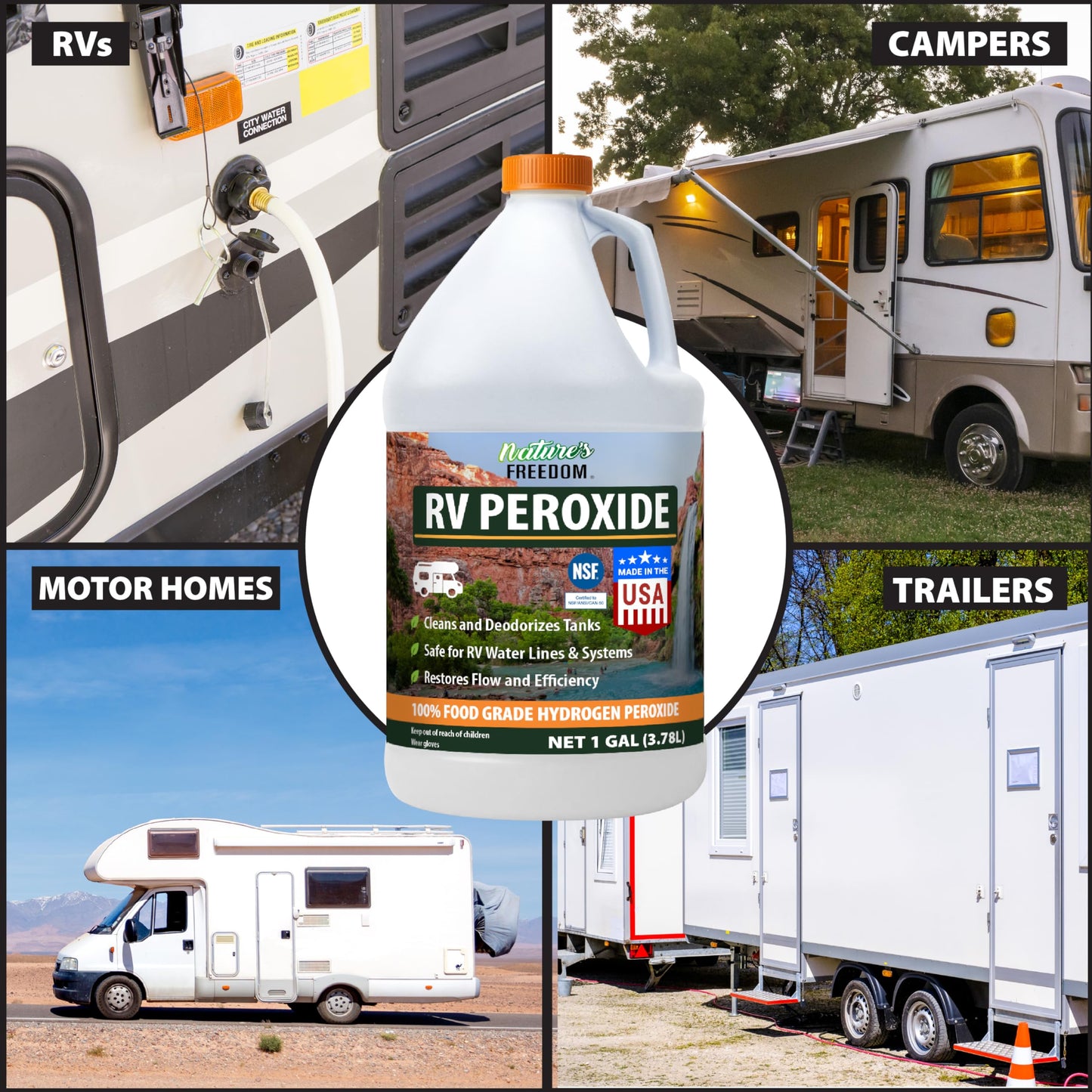 Nature's Freedom RV Hydrogen Peroxide, Cleans and Deodorizes RV Fresh, Gray & Black Tanks, Safe for Water Lines & Plumbing, Food-Grade Purity, Concentrated Strength, 1 Gallon, NSF Listed