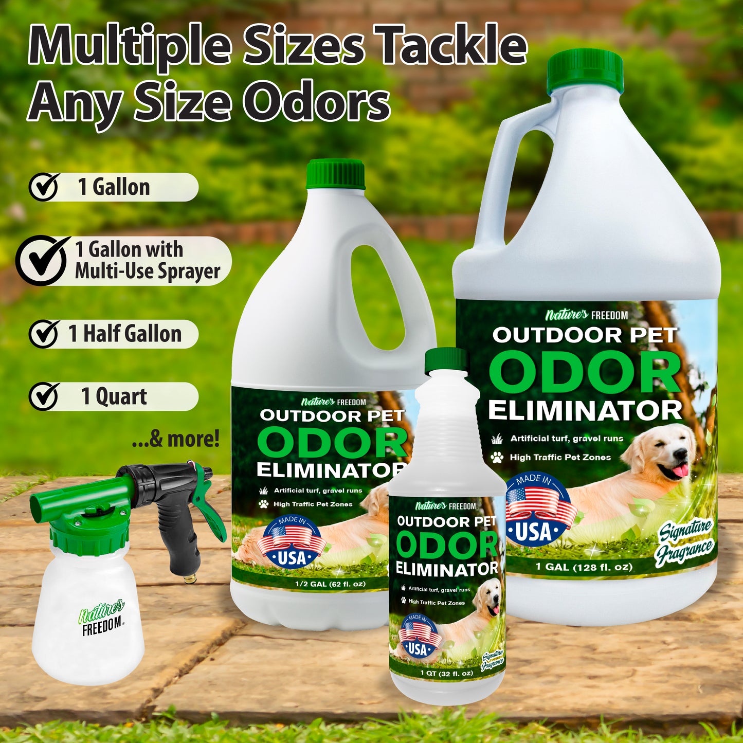 outdoor pet urine odor remover available in multiple sizes 1 gallon half gallon quart Nature's Freedom