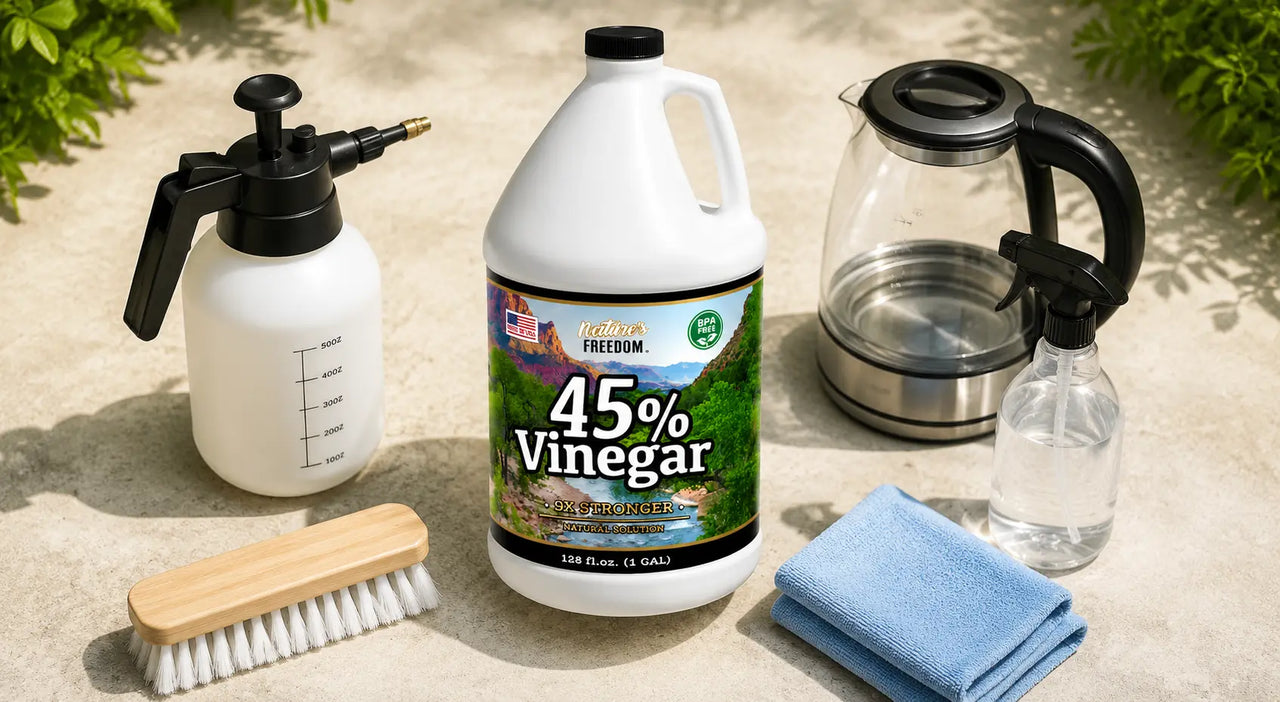 45 vinegar uses flat lay - concentrated vinegar gallon jug with weed killer sprayer, kettle, grout brush, and cleaning cloth