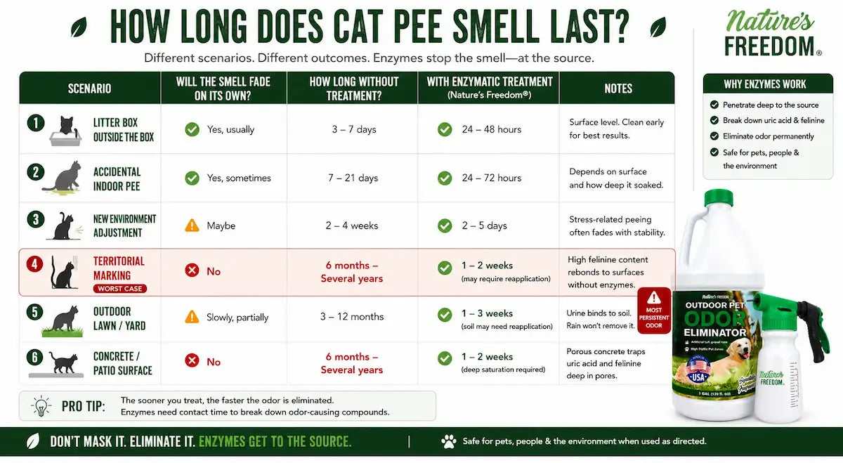 Six-row table showing each cat pee scenario, whether smell fades, duration without treatment, and enzymatic treatment timeline - territorial marking row highlighted as worst case