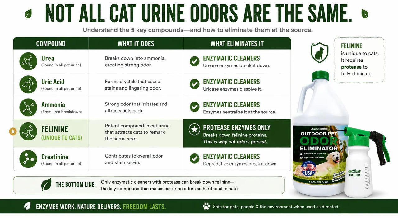 Five-row reference table showing each compound, what it does, and what eliminates it - felinine row highlighted as unique to cats requiring protease