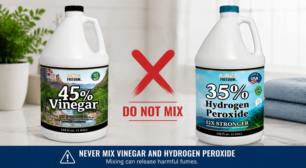 Do not mix Nature's Freedom 45% vinegar and 35% hydrogen peroxide in same container peracetic acid warning
