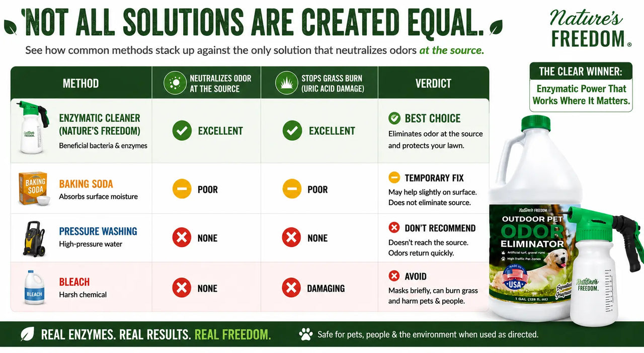 Six methods rated across Neutralizes Odor, Stops Grass Burn, and Verdict columns; enzymatic cleaner green/best, bleach red/avoid
