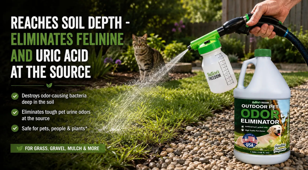 Nature's Freedom enzyme cleaner for outdoor cat urine on grass and gravel hose end sprayer