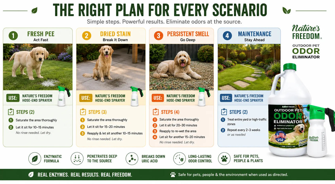 Four-panel visual showing fresh pee, dried stain, persistent smell, and maintenance scenarios with correct product and step count per panel