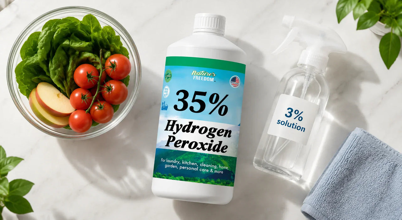 Nature's Freedom food grade hydrogen peroxide beside fresh produce for food contact surface safety