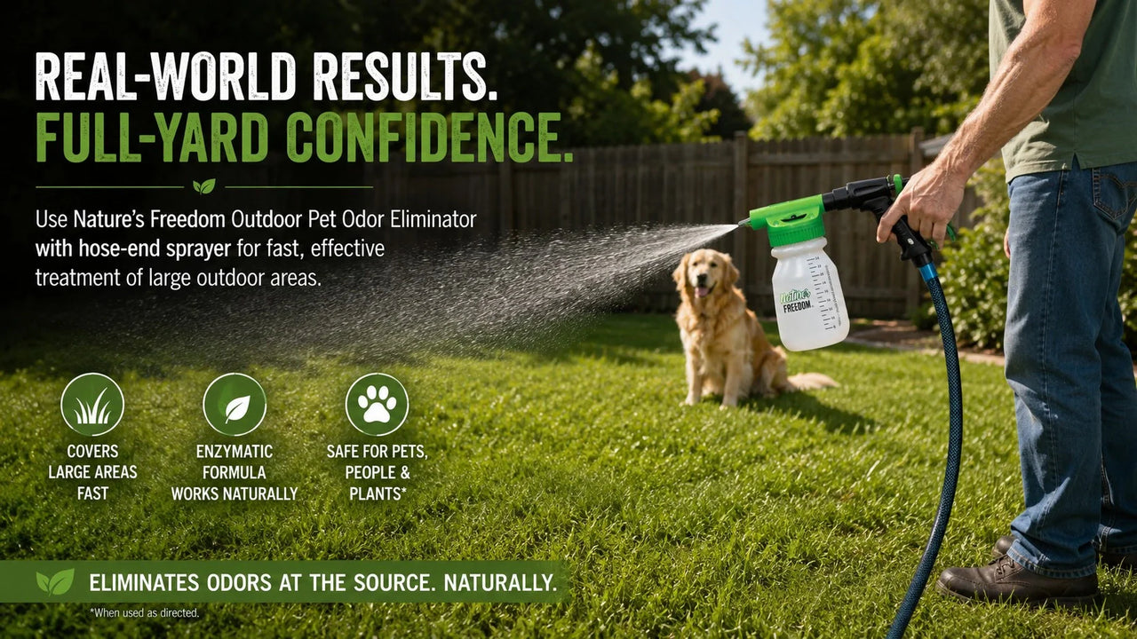 How to get rid of dog urine smell outside naturally: enzymatic hose-end sprayer full yard application