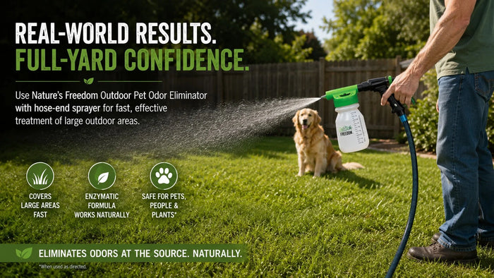 How to get rid of dog urine smell outside naturally: enzymatic hose-end sprayer full yard application