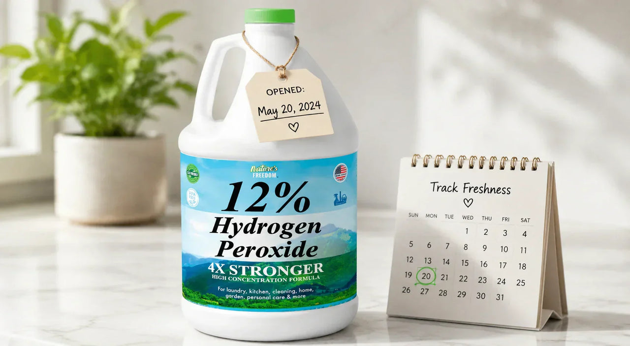  Nature's Freedom 35% food grade hydrogen peroxide with date label showing shelf life tracking
