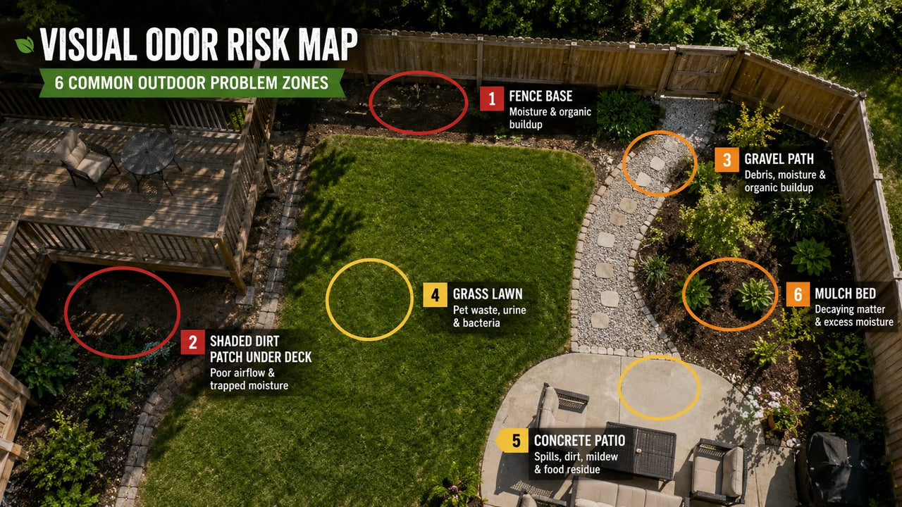 How to get rid of dog urine smell in backyard: problem zones map fence gravel shade grass