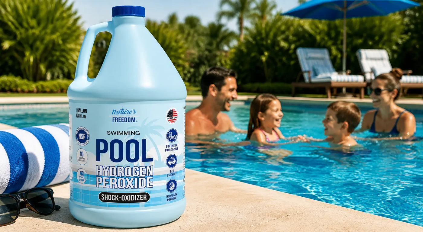 Nature's Freedom 12% hydrogen peroxide pool shock oxidizer family safe clear pool water