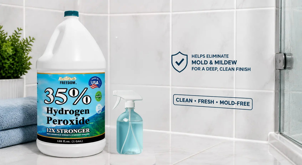 Nature's Freedom 35% hydrogen peroxide killing mold on bathroom tile and grout NSF certified