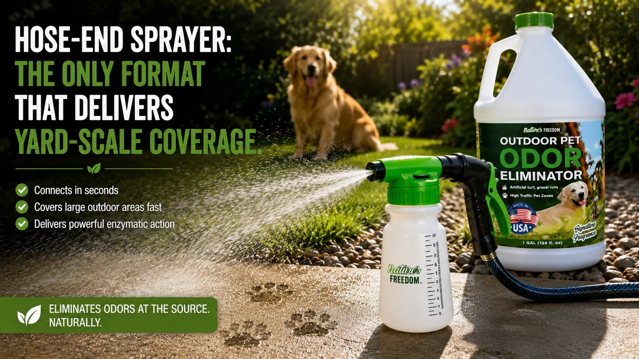Nature's Freedom natural pet odor remover outdoor use on lawn grass and gravel no bleach biodegradable