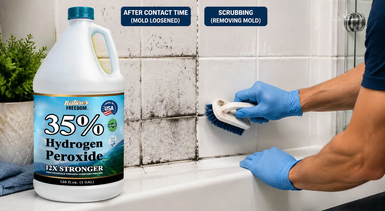 Scrubbing mold from bathroom grout with stiff brush after hydrogen peroxide contact time 10 minutes
