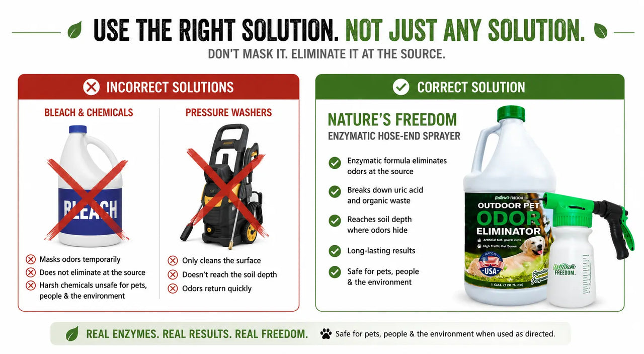 Crossed-out bleach bottle and pressure washer vs. correct enzymatic hose-end sprayer