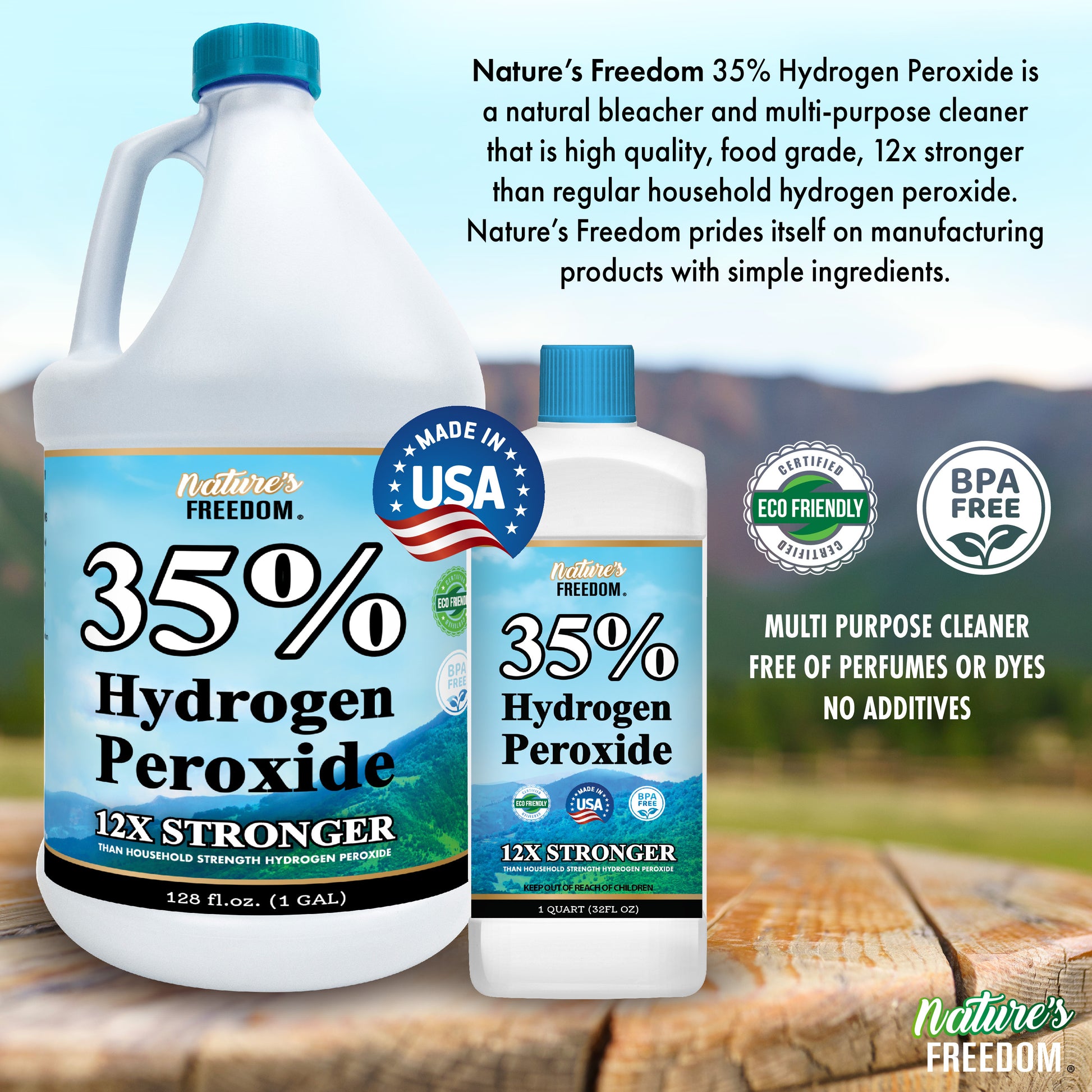 Nature's Freedom 35% hydrogen peroxide multi-purpose cleaner, gallon and quart sizes, food grade, BPA-free, made in USA