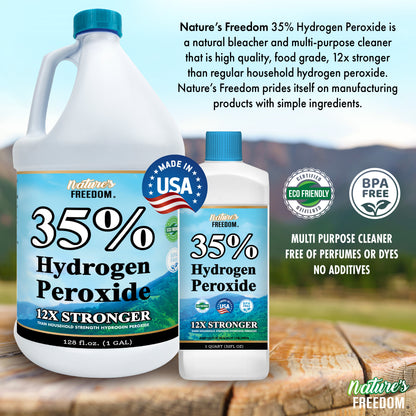 Nature's Freedom 35% hydrogen peroxide multi-purpose cleaner, gallon and quart sizes, food grade, BPA-free, made in USA
