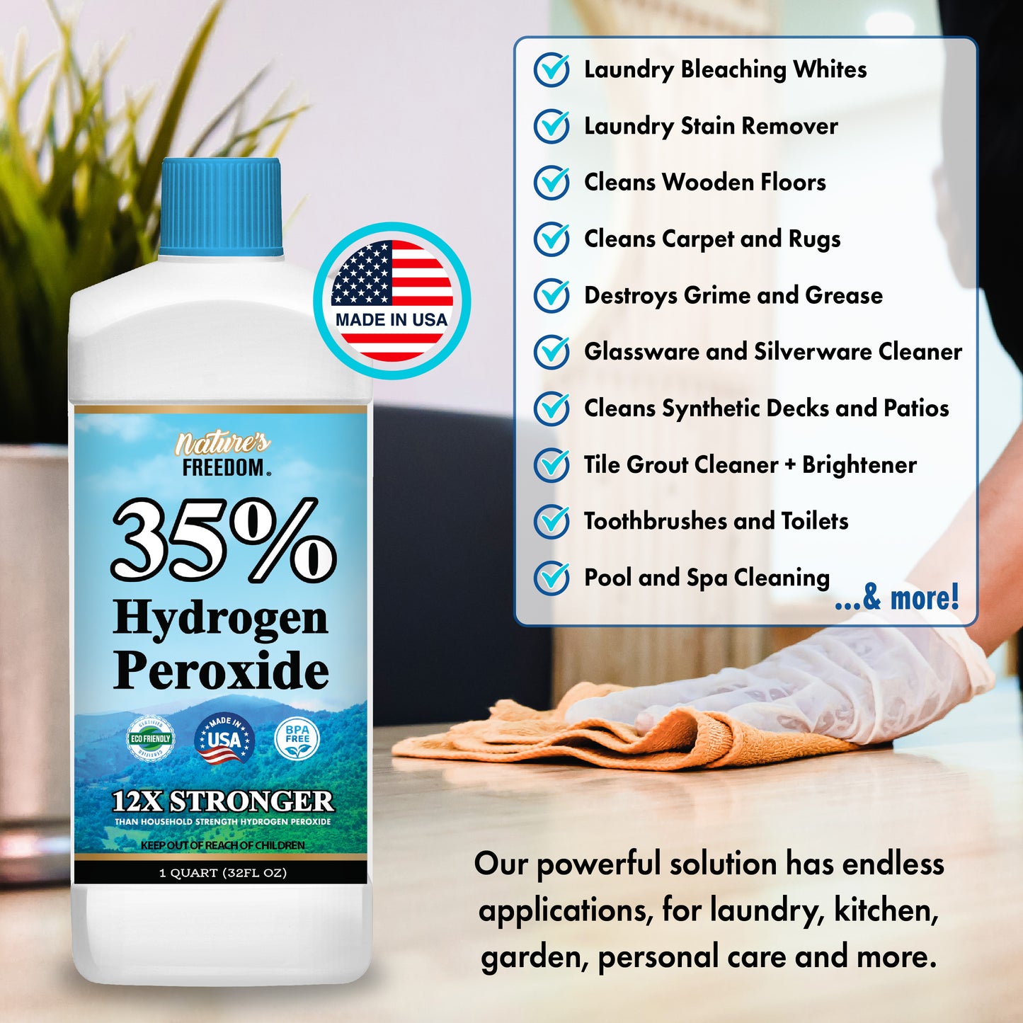35% hydrogen peroxide multipurpose uses including laundry whitening, wooden floor cleaning, tile grout, glassware, and pool spa cleaning