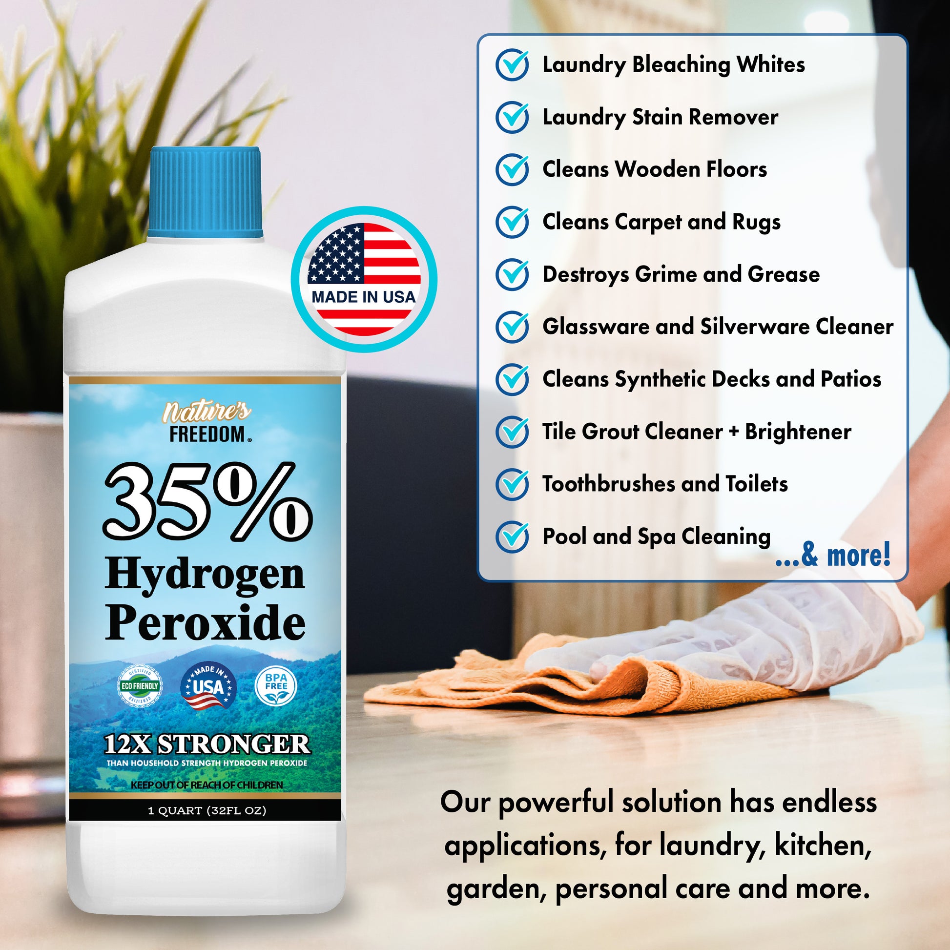 35% hydrogen peroxide multipurpose uses including laundry whitening, wooden floor cleaning, tile grout, glassware, and pool spa cleaning