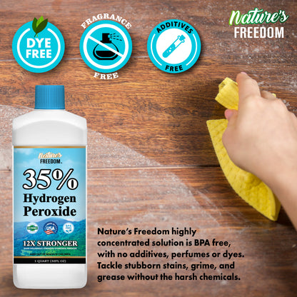 35% hydrogen peroxide pure concentrate, dye-free, fragrance-free, no additives, BPA-free for safe cleaning by Nature's Freedom