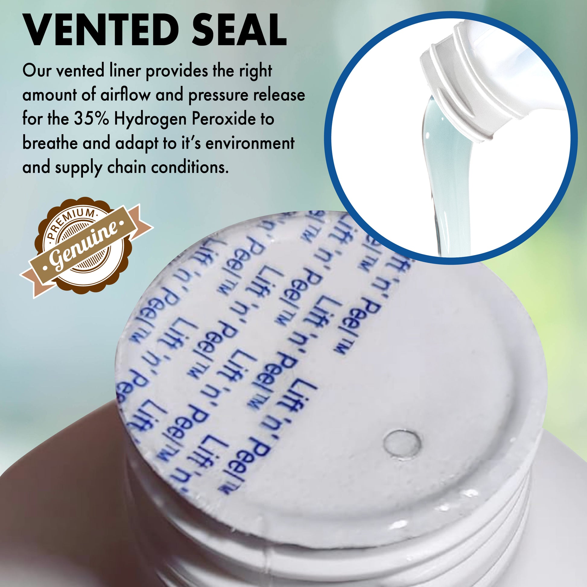 Vented seal cap on Nature's Freedom 35% hydrogen peroxide bottle for safe airflow and pressure release