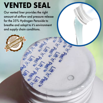 Vented seal cap on Nature's Freedom 35% hydrogen peroxide bottle for safe airflow and pressure release