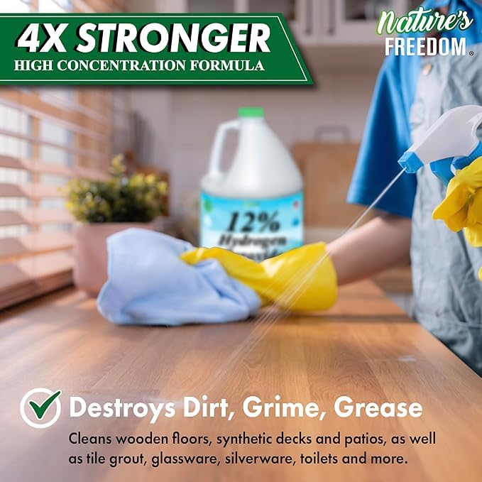 Nature's Freedom 12% Hydrogen Peroxide, NSF Listed, 1 Gallon with “How to Do Everything with 12% Hydrogen Peroxide” Cleaning Book – Pure H2O2 for Home & Surface Cleaning