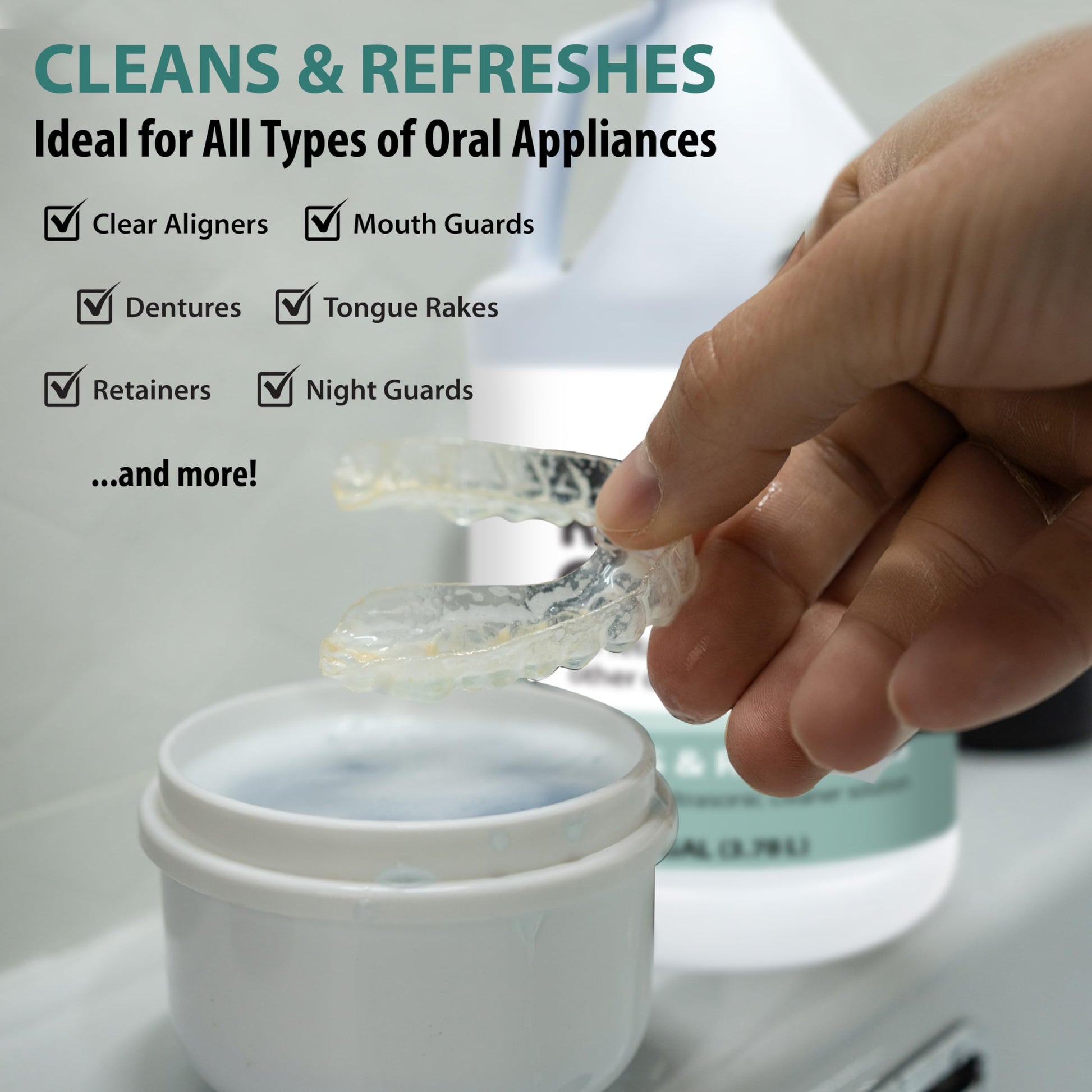 Nature's Freedom retainer cleaner works on aligners, dentures, retainers, and mouth guards 
