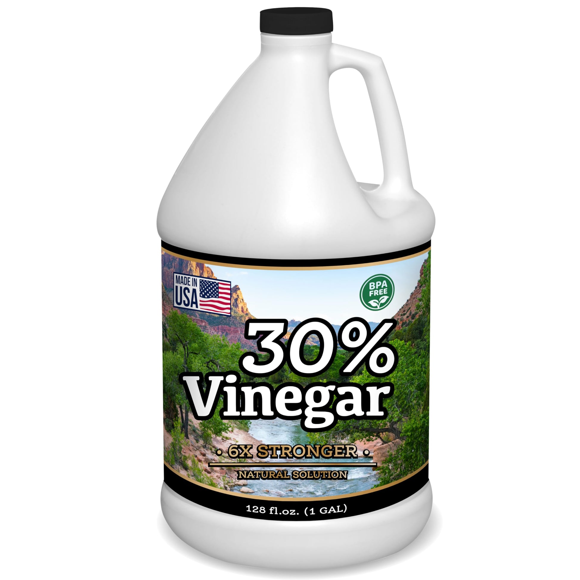 Nature's Freedom 30% Vinegar gallon jug, 128 fl oz, labeled 6x stronger and BPA free on a white background