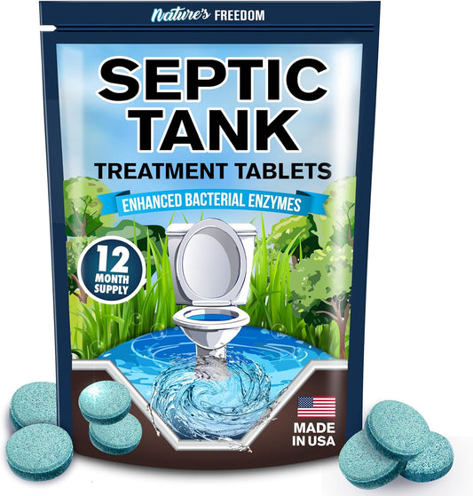 Nature's Freedom septic tank treatment tablets bag with loose tablets in front
