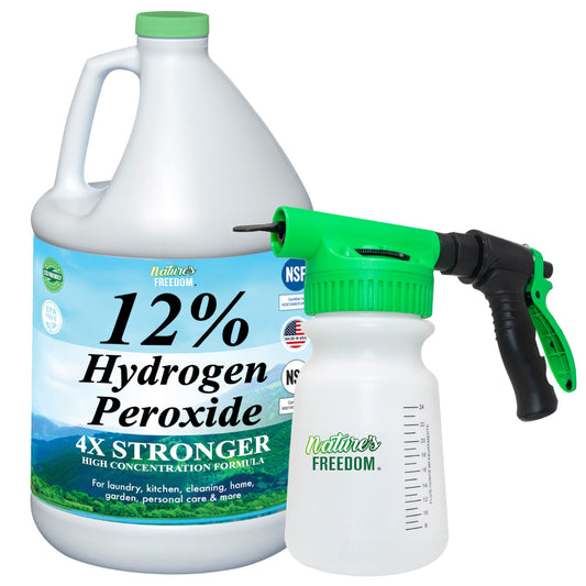 Nature's Freedom 12% Hydrogen Peroxide gallon beside a hose-end spray gun bottle with fluid ounce measurements