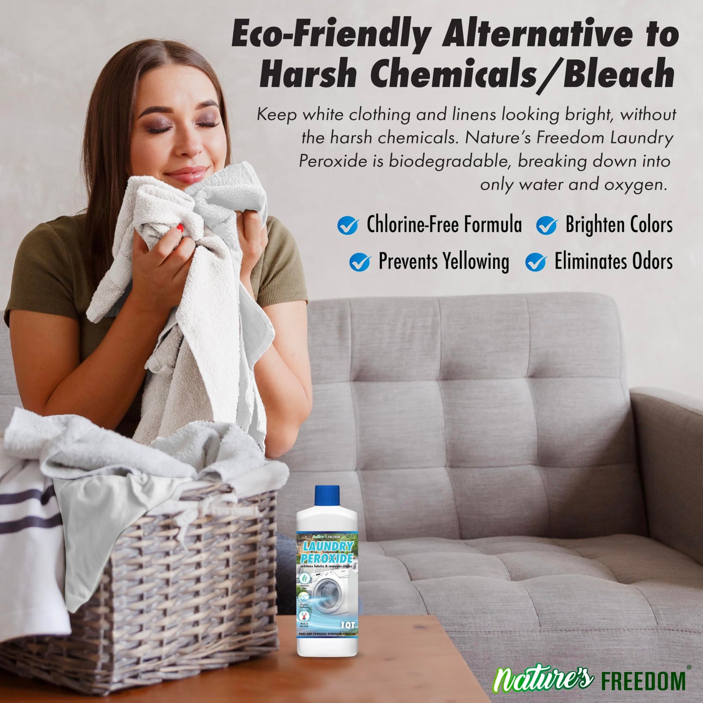 Nature's Freedom Laundry Peroxide – Tough Stain & Odor Remover – Chlorine-Free Whitening Solution – 30