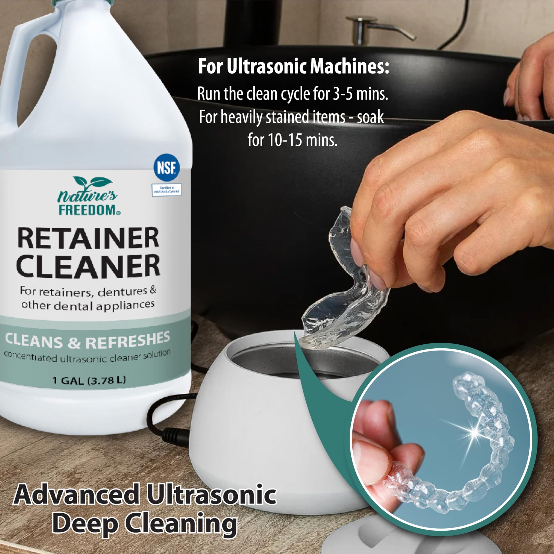 Nature's Freedom retainer cleaner used in an ultrasonic cleaning machine with aligner 