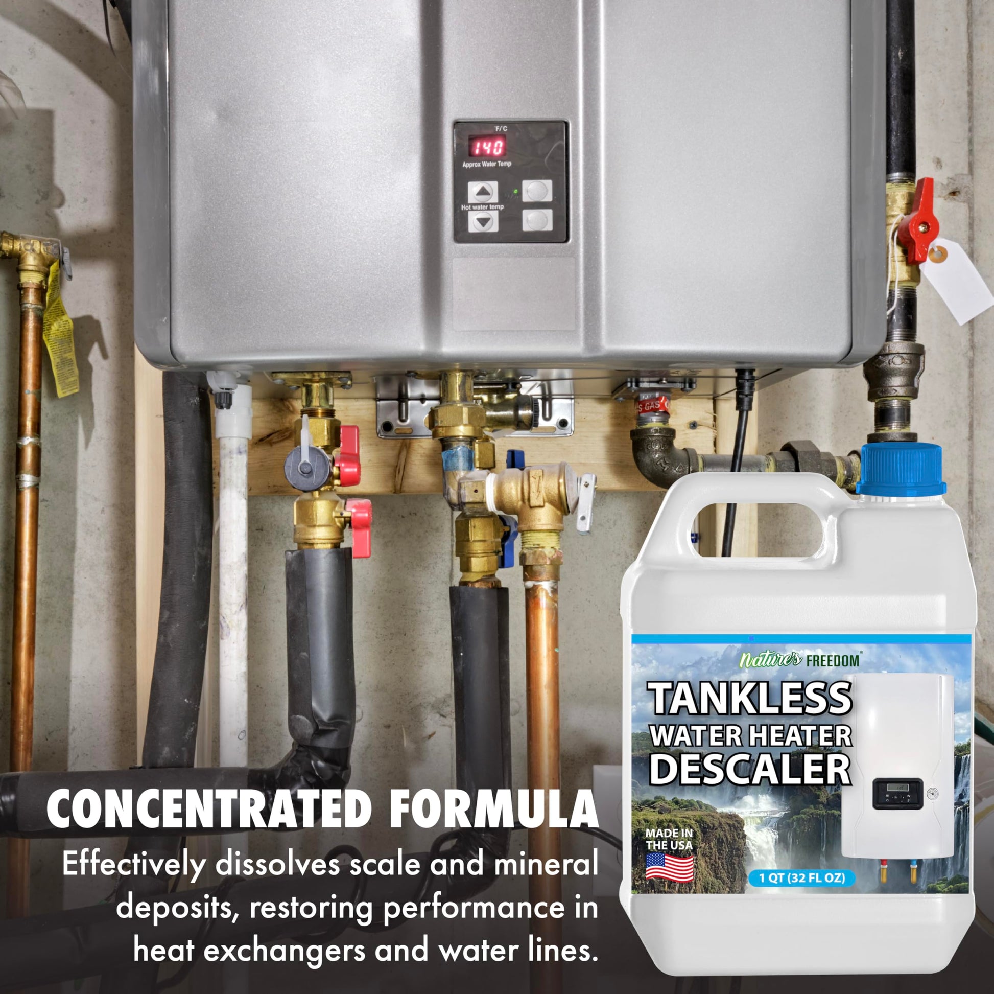 Nature's Freedom tankless descaler next to installed tankless water heater unit 