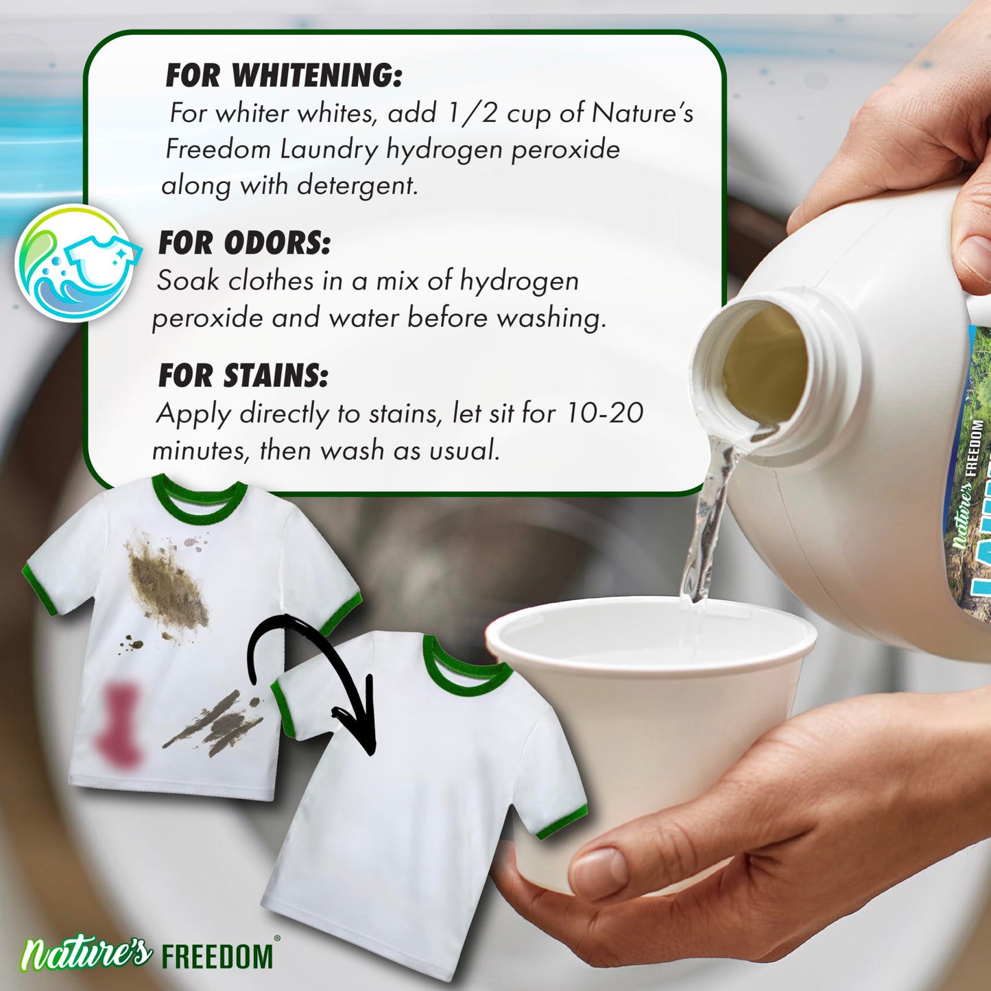 Nature's Freedom Laundry Peroxide – Tough Stain & Odor Remover – Chlorine-Free Whitening Solution – 30
