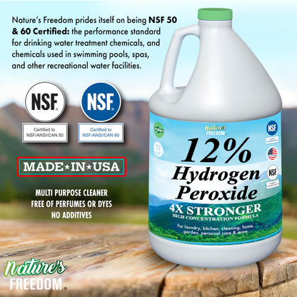 Nature's Freedom 12% Hydrogen Peroxide with Hose End Sprayer, Food Grade H2O2 and Purified Water Only, NSF Certified, 1 Gallon Solution