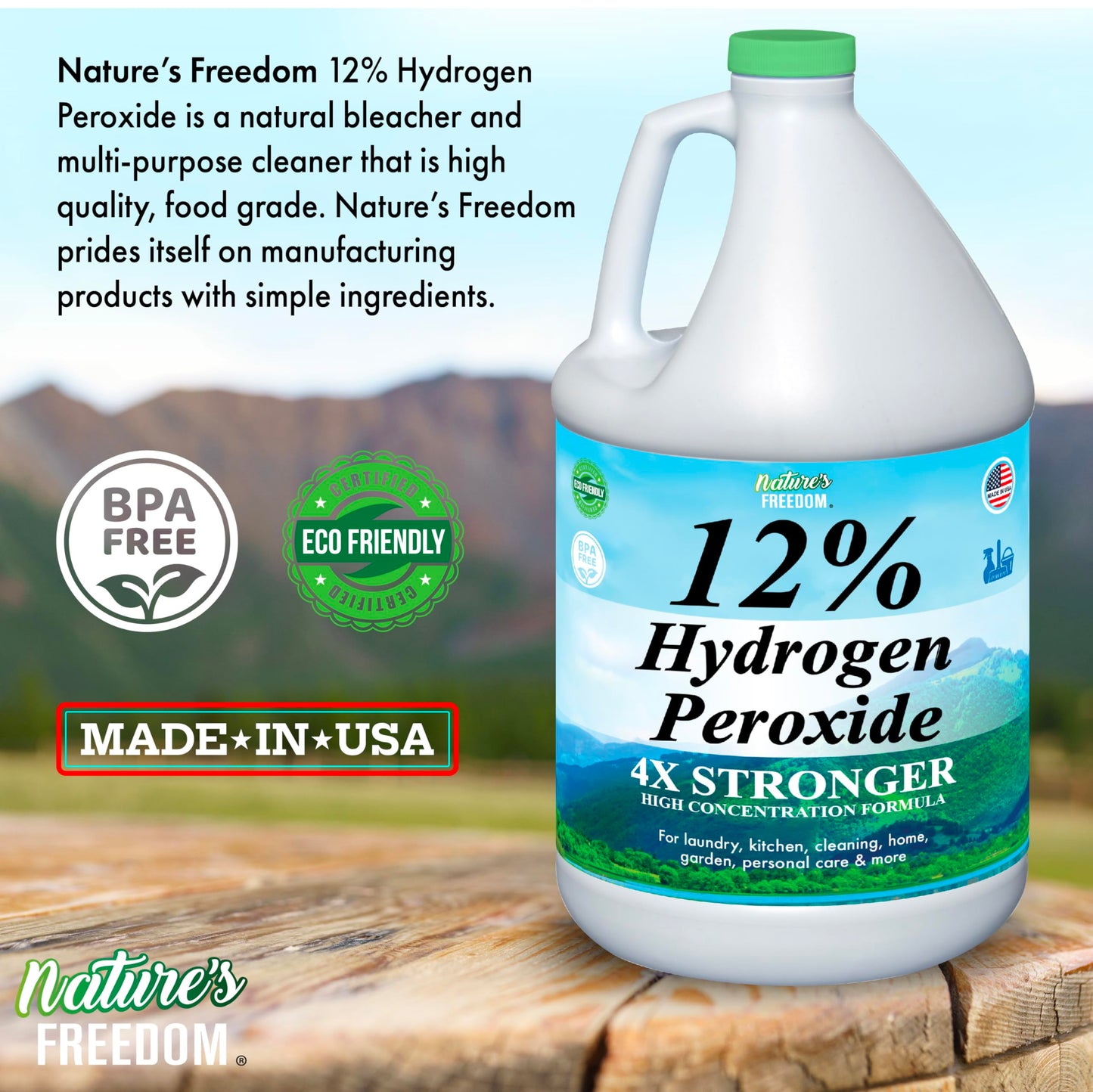 Nature's Freedom 12% Hydrogen Peroxide, Food Grade H2O2 and Purified Water Only, 8 Gallons