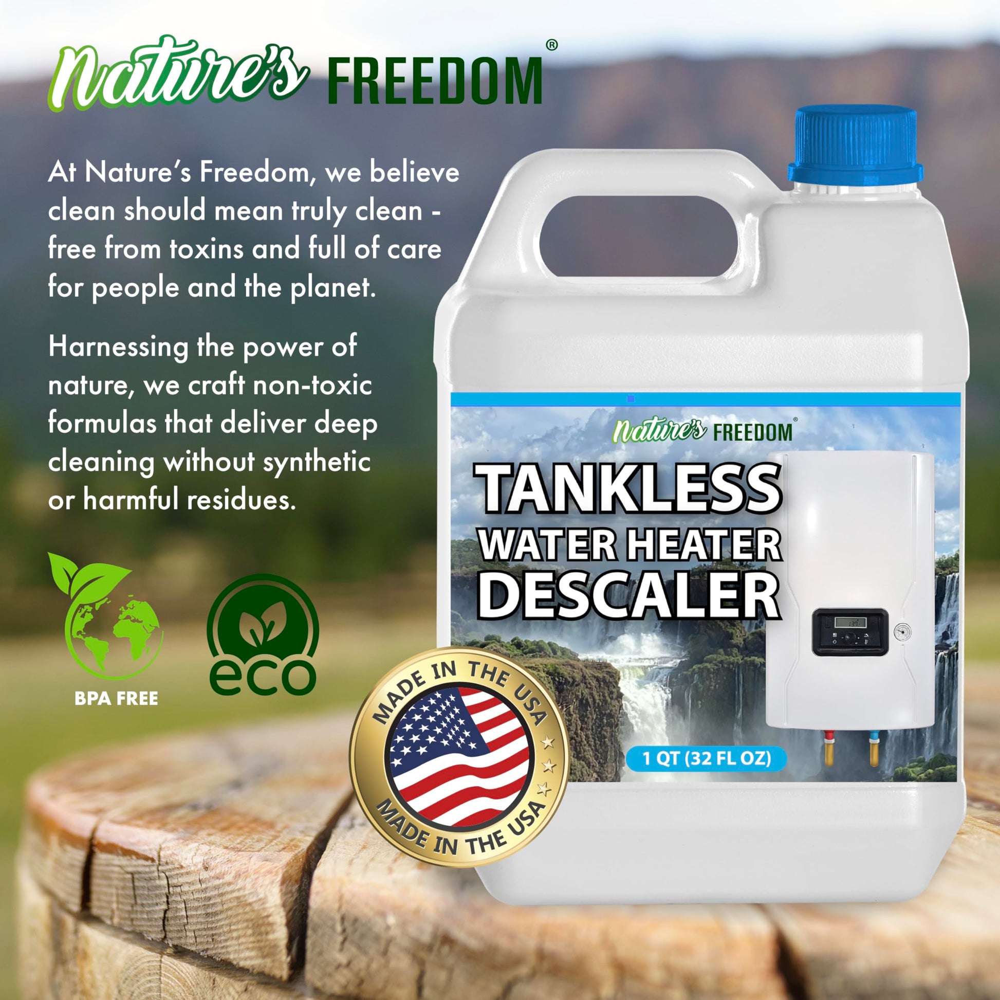 Nature's Freedom tankless descaler, BPA-free, eco-friendly, made in the USA 