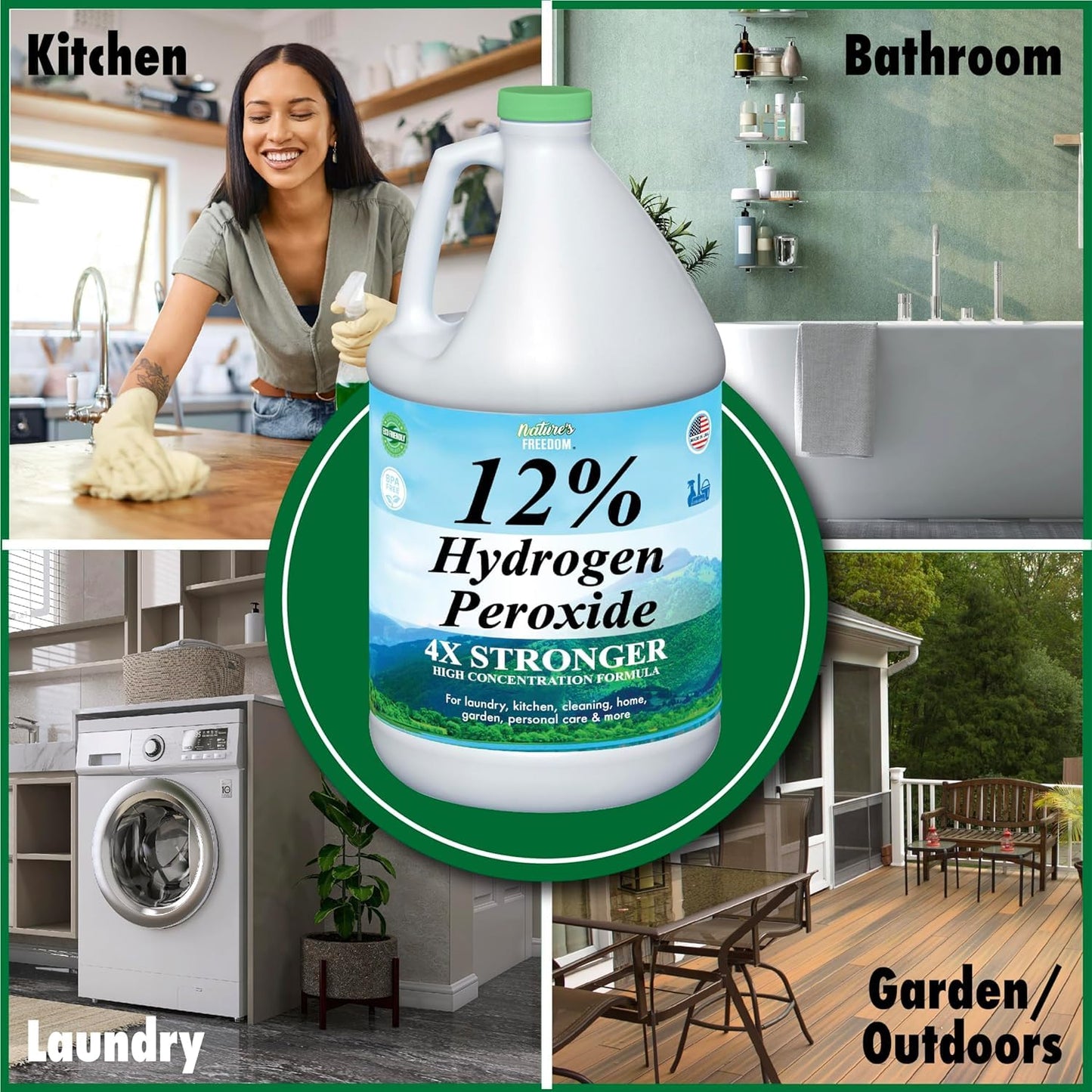Nature's Freedom 12% Hydrogen Peroxide, NSF Listed, 1 Gallon with “How to Do Everything with 12% Hydrogen Peroxide” Cleaning Book – Pure H2O2 for Home & Surface Cleaning