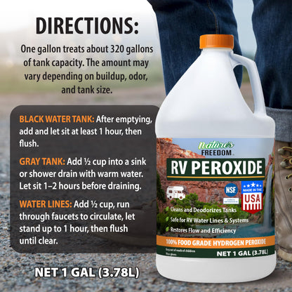 Nature's Freedom RV Hydrogen Peroxide, Cleans and Deodorizes RV Fresh, Gray & Black Tanks, Safe for Water Lines & Plumbing, Food-Grade Purity, Concentrated Strength, 1 Gallon, NSF Listed