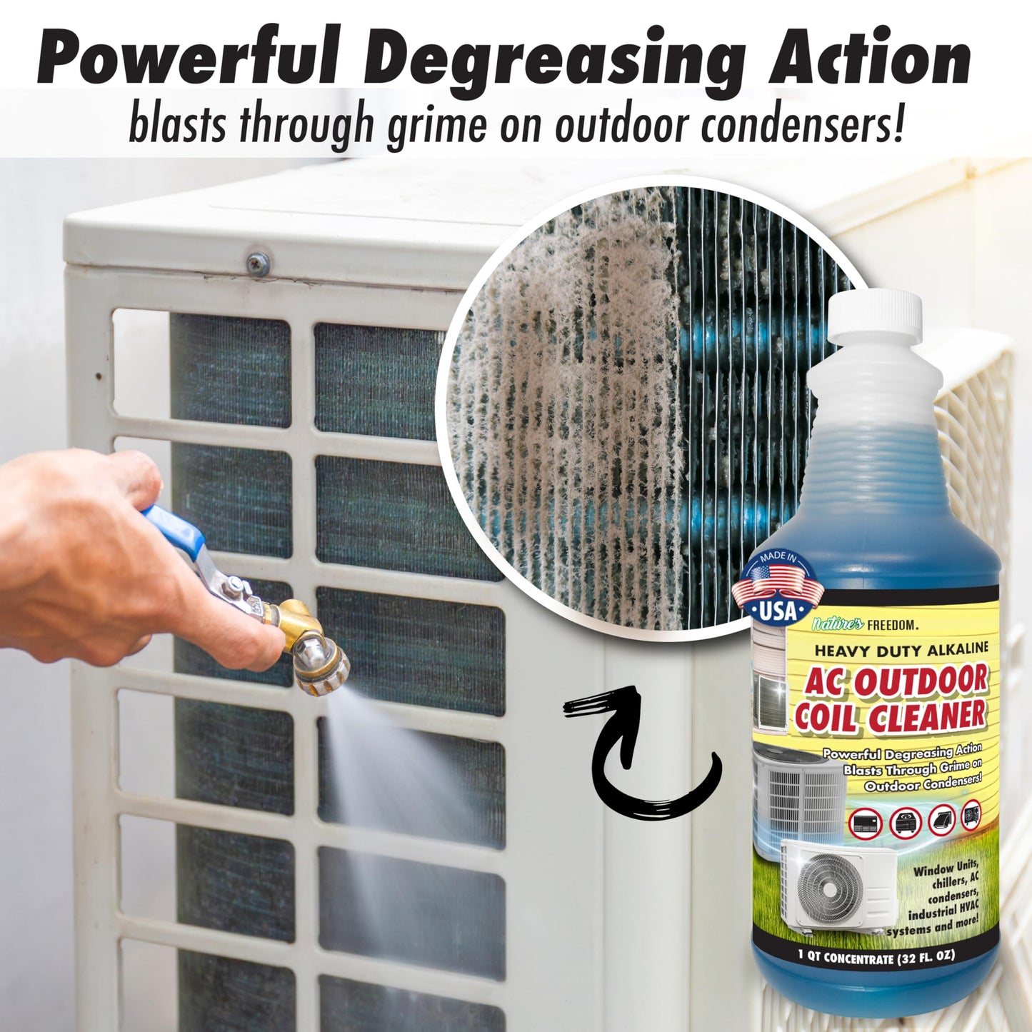 Nature's Freedom HVAC Coil Cleaner – Heavy Duty Foaming Formula for Outdoor AC Condenser Units With Hose End Sprayer– Quart