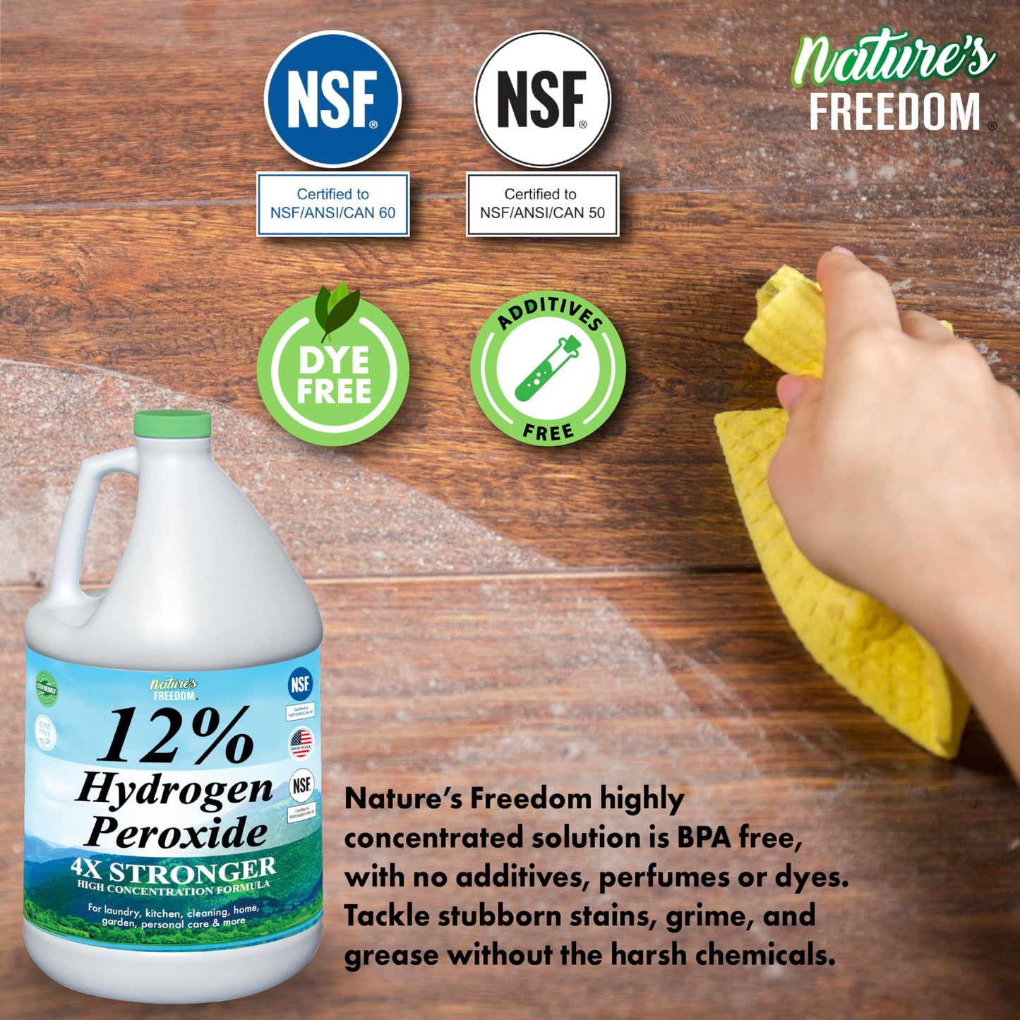 Nature's Freedom 12% Hydrogen Peroxide with Pump Sprayer, Food Grade H2O2 and Purified Water Only, NSF Certified, 1 Gallon Solution