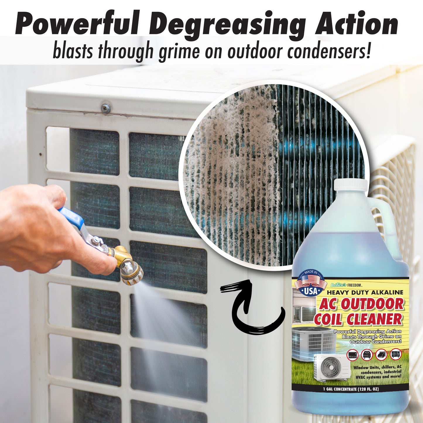 Heavy-duty alkaline coil cleaner blasting through dirt and grime on outdoor condenser coils