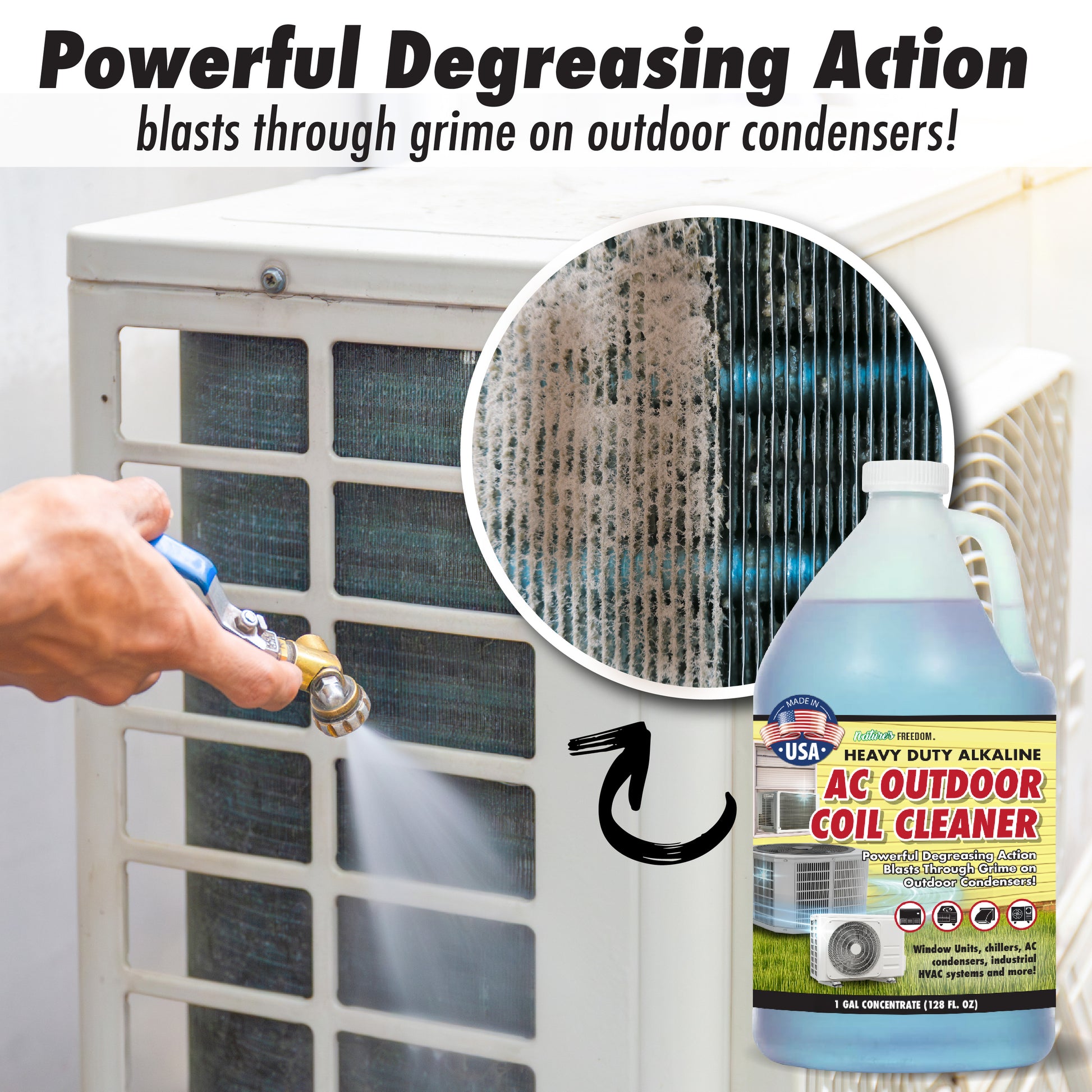 Heavy-duty alkaline coil cleaner blasting through dirt and grime on outdoor condenser coils