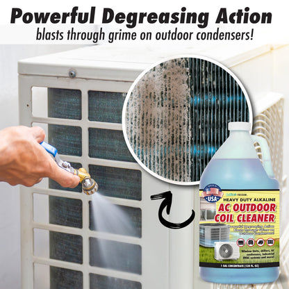 Heavy-duty alkaline coil cleaner blasting through dirt and grime on outdoor condenser coils