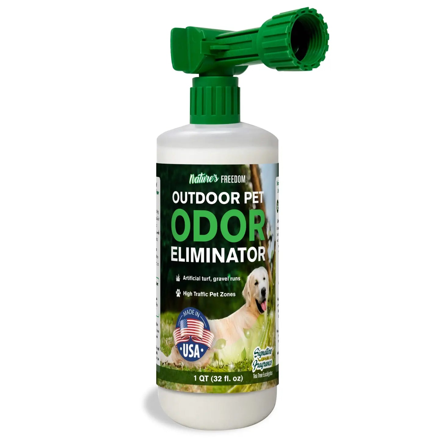 Nature's Freedom Outdoor Pet Odor Eliminator - Hose-End Quart Spray - Tea Tree and Eucalyptus - No Harsh Enzymes - Turf,