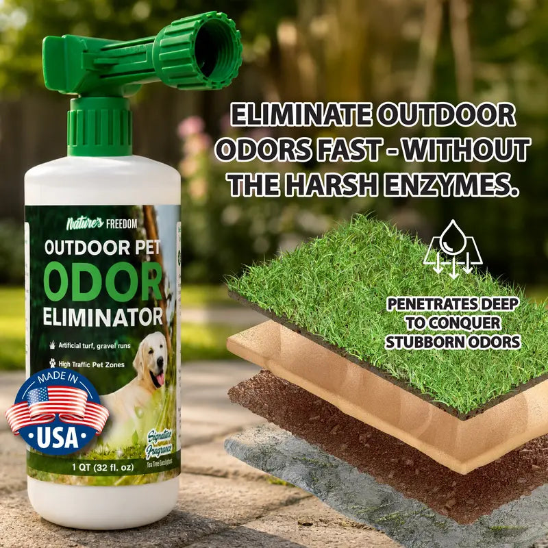 Nature's Freedom Outdoor Pet Odor Eliminator - Hose-End Quart Spray - Tea Tree and Eucalyptus - No Harsh Enzymes - Turf, Kennels, Patios, Decks