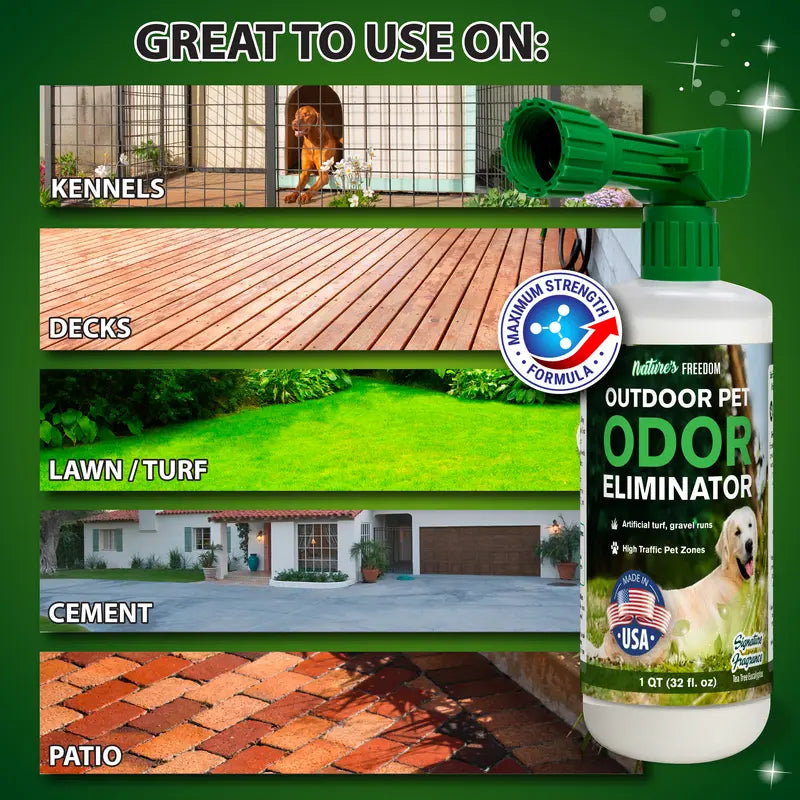 Nature's Freedom Outdoor Pet Odor Eliminator - Hose-End Quart Spray - Tea Tree and Eucalyptus - No Harsh Enzymes - Turf, Kennels, Patios, Decks